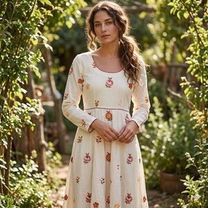 Vintage Floral Embroidered Cotton Midi Dress Cottagecore Boho Cream Long Sleeve